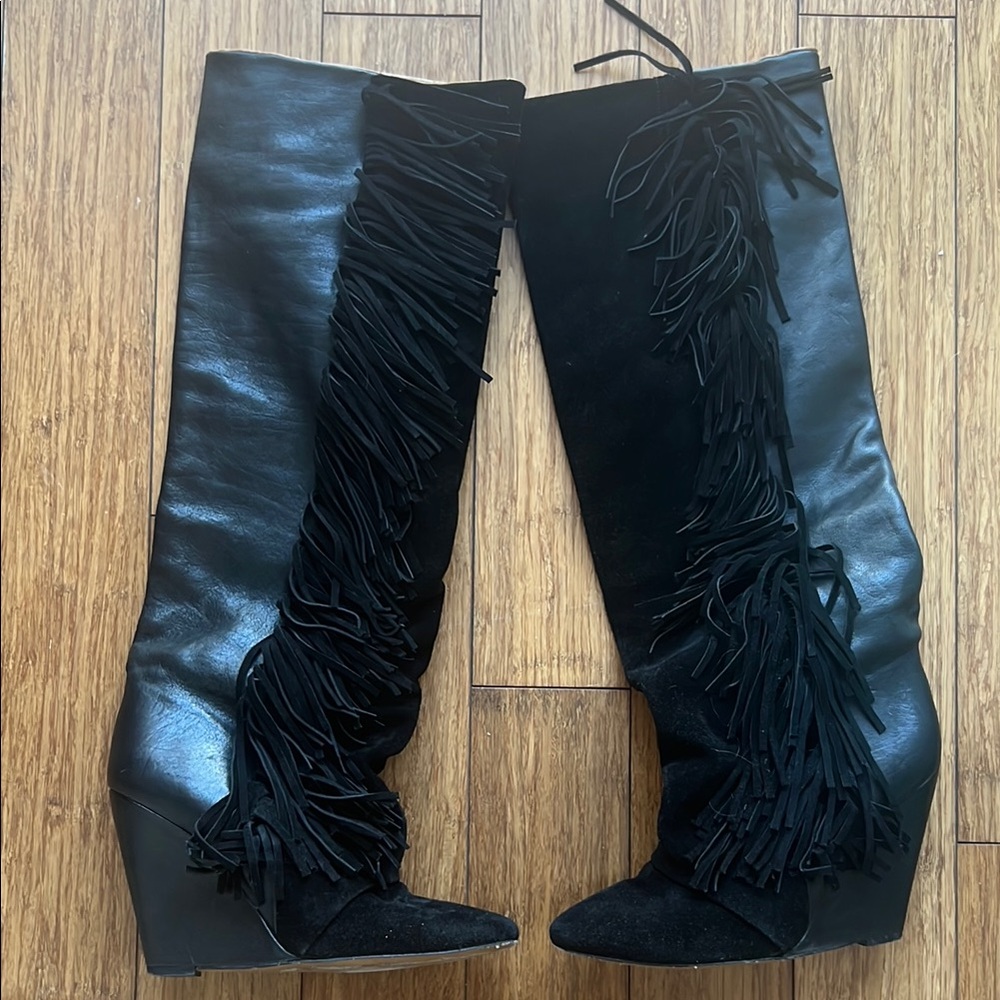 Isabel Marant Black Fringe Knee-High Boots